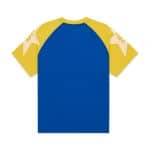 Blue and yellow Sp5derworlwide sports T-shirt for activewear.