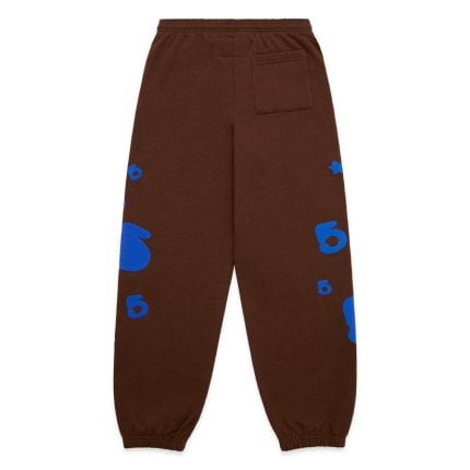 Brown sweatpants with blue graphic accents, comfortable and stylish for casual wear.