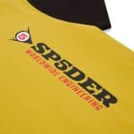 Sp5derworlwide yellow engineer t-shirt with bold logo and text design.