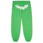Green SP5DER sweatpants with bold logo, comfortable and stylish.