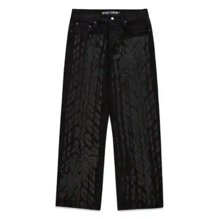 Black burnout denim jeans with bold tire tread pattern for streetwear style.
