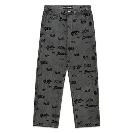 Black denim pants with Sp5der and Sex logos, stylish streetwear.