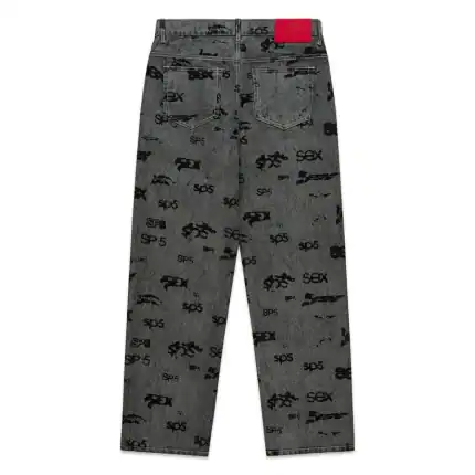 Denim jeans with Sp5der and sex print, stylish and edgy fashion statement. Perfect for streetwear an.