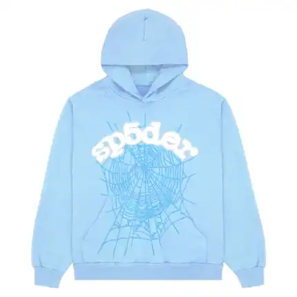 Bright blue hoodie with spider web and "sp5der" logo design. Perfect for streetwear and casual fashi.