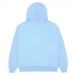 Bright blue Sp5derworlwide hoodie with web design.