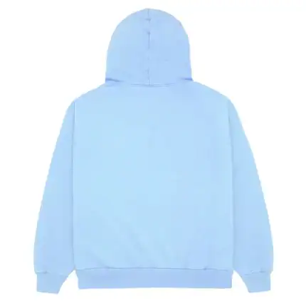Bright blue Sp5derworlwide hoodie with web design.