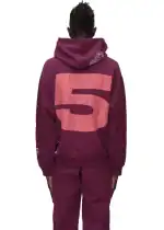Hoodie with large "5" logo in pink on a dark purple background.