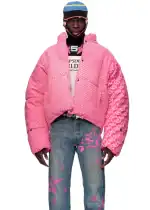 Pink Sp5der 5Star puffer jacket with bold design and logo details. Perfect for stylish winter wear.