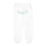 White Sp5der logo sweatpants with splatter design, comfortable and stylish.