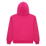 Bright pink hoodie with angel number design, perfect for casual wear and street style.