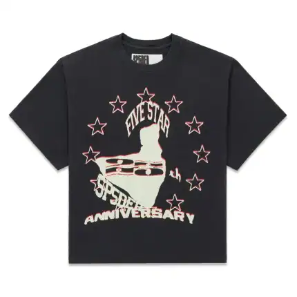 Black T-shirt with Sp5derworlwide logo and star design for anniversary celebration.