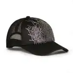 Stylish black trucker cap with sparkling rhinestone spider web design, perfect for casual and street.
