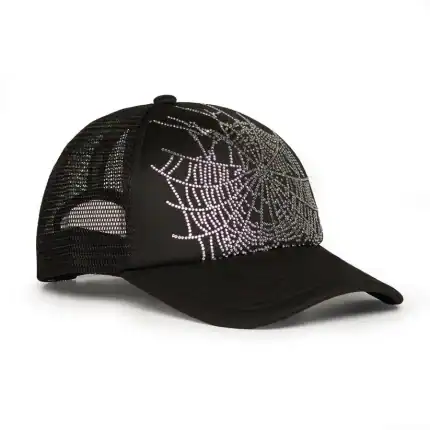 Stylish black trucker cap with sparkling rhinestone spider web design, perfect for casual and street.
