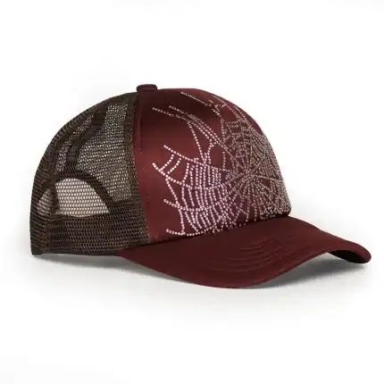 Trucker cap with brown mesh and spider web rhinestone design. Perfect for casual wear and street sty.