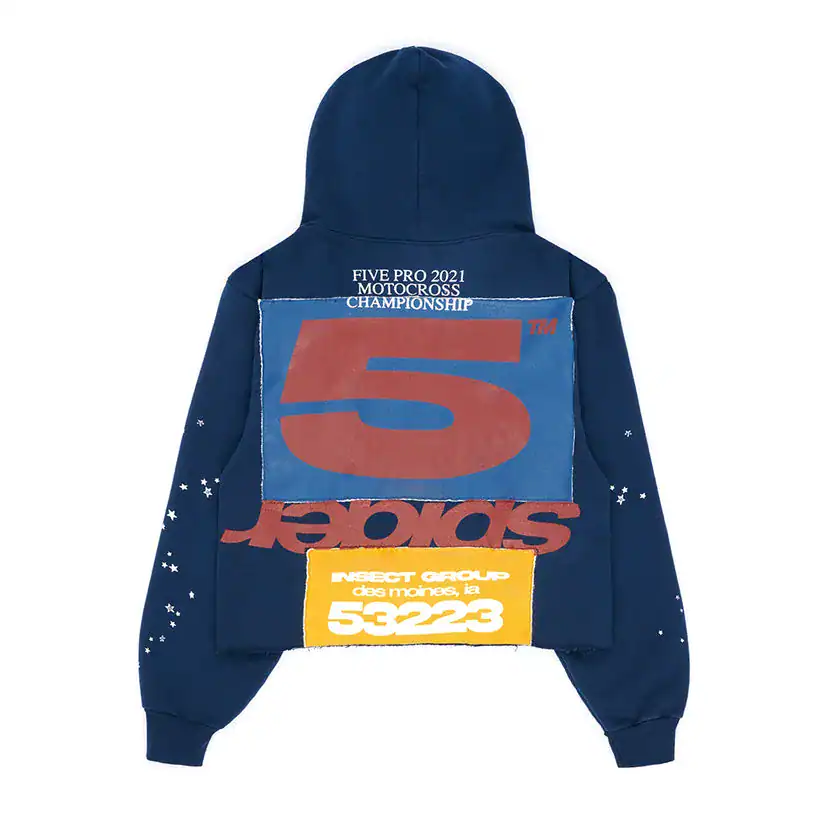 Stylish Sp5der cropped hoodie with bold graphic design and vibrant colors. Perfect for streetwear an.