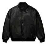 Black leather jacket with spider web debossed design, stylish and edgy.