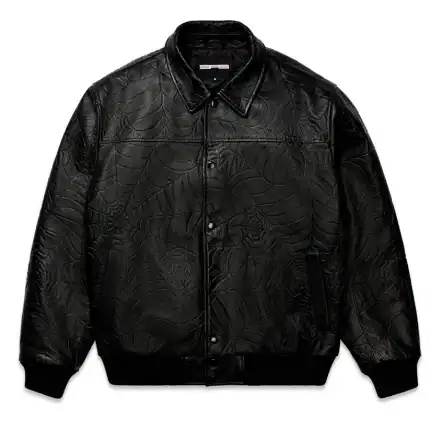 Black leather jacket with spider web debossed design, stylish and edgy.