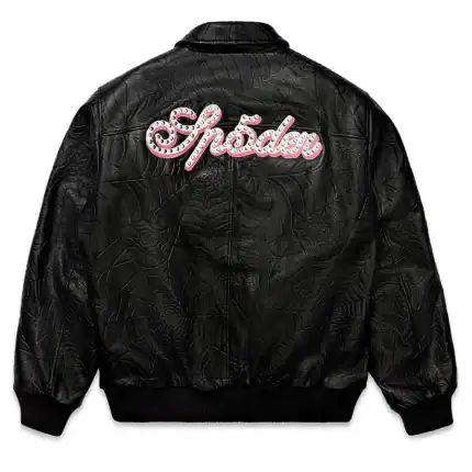 Debossed Web Leather Jacket with Sp5der logo for stylish streetwear.