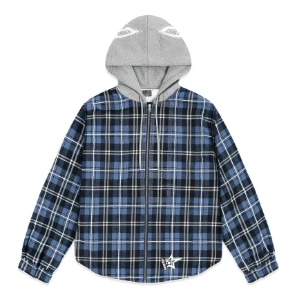 Hooded flannel shirt jacket with zip closure, stylish plaid design, perfect for casual wear.