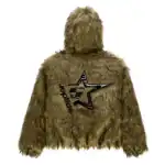 Animal print faux fur jacket with star logo detail for kids.
