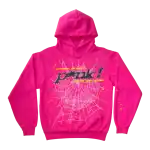 Pink Spider Web Hoodie with Sp5der Logo.