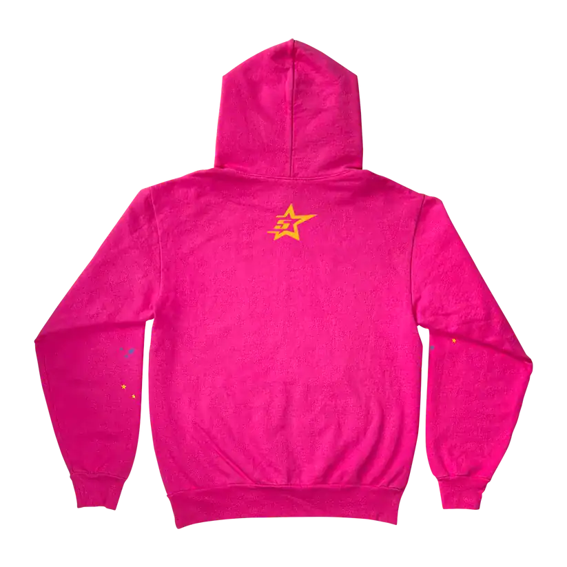 Pink Sp5derworlwide hoodie with yellow star logo.