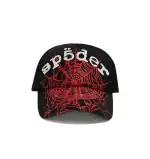 Cap featuring a red spider web design and the Sp5derworlwide logo on a black background.