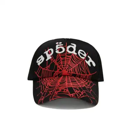 Cap featuring a red spider web design and the Sp5derworlwide logo on a black background.