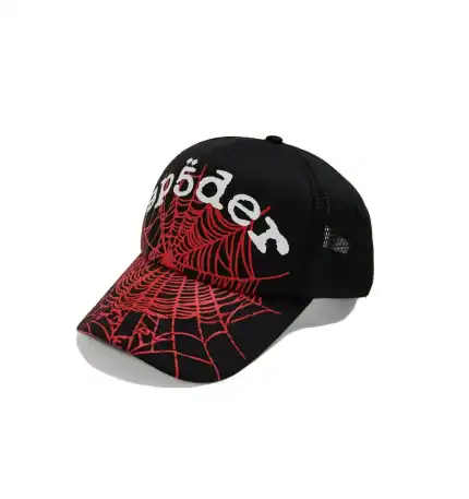Black and red Spider Web cap with Sp5derworlwide logo for streetwear style.