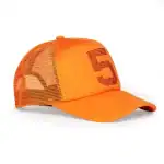 Bright orange trucker cap featuring a bold number 5, perfect for casual and sporty styles.