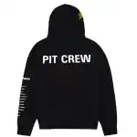 Oversized black hoodie with "PIT CREW" text for racing team fans.