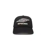 Stylish black trucker hat with Sp5der logo for casual and streetwear fashion.