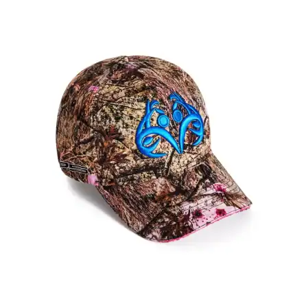Blue logo embroidered on camouflage Real Tree pattern cap. Perfect for outdoor and hunting enthusias.