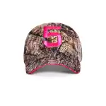 Camouflage five panel cap with pink accents and large embroidered number 5.