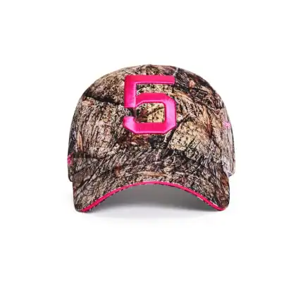 Camouflage five panel cap with pink accents and large embroidered number 5.