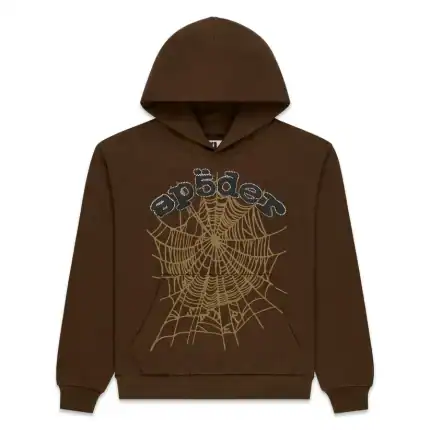 Brown Spider Web OG Web Hoodie with Rhinestones, stylish streetwear.