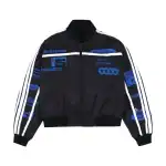 Black Sp5der Moto Jean jacket with blue and white graphic details for motorcycle style.