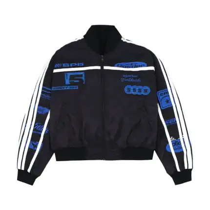 Black Sp5der Moto Jean jacket with blue and white graphic details for motorcycle style.