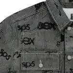 Foil print Sp5derworlwide trucker jacket with a sleek design and modern style.