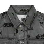 Foil print trucker jacket with edgy Sp5der design, perfect for streetwear fashion.