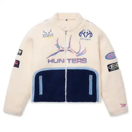 Friendly Sherpa Hunter Moto Jacket with embroidered patches and stylish design. Perfect for outdoor.