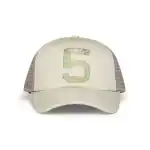 Trucker cap featuring a large green number 5 on the front panel, with grey mesh sides for breathabil.