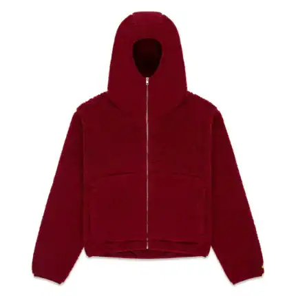 Cozy red fleece zip-up jacket with hood for casual wear. Perfect for cold weather, stylish and comfo.