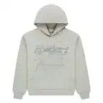 White Sp5derworlwide hoodie with spider web design and logo.