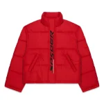 Red Sp5derworlwide puffer jacket with logo, stylish and warm.