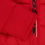 Sp5derworlwide red puffer jacket with logo, stylish and warm for winter. Perfect for streetwear and.