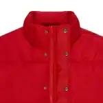 Red puffer jacket with high collar and snap buttons for warmth and style. Perfect for cold weather a.