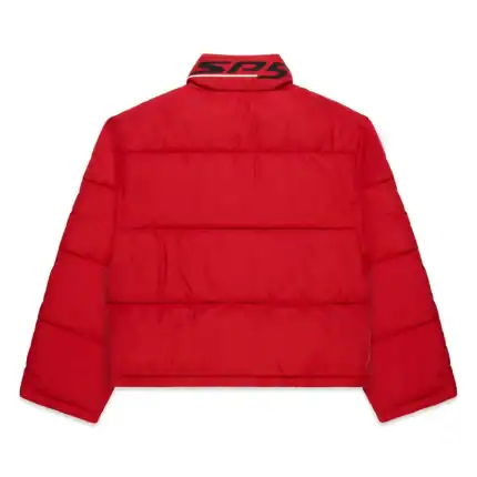 Red Sp5derworlwide puffer jacket with logo detail.