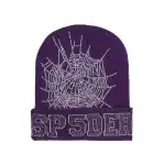 Bright purple Sp5der beanie with rhinestone spider web design and logo.