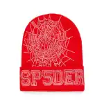 Red beanie with white rhinestone spider web and "SP5DER" text.